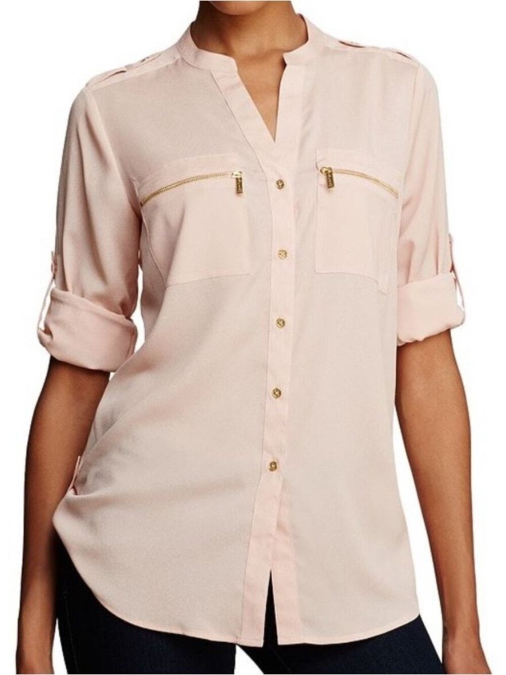 Calvin Klein Zip Pocket Utility Blouse Top Blush Pink - L